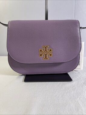 NWT Tory Burch Britten Small Saddle Bag Allium Purple Pebbled Leather Crossbody
